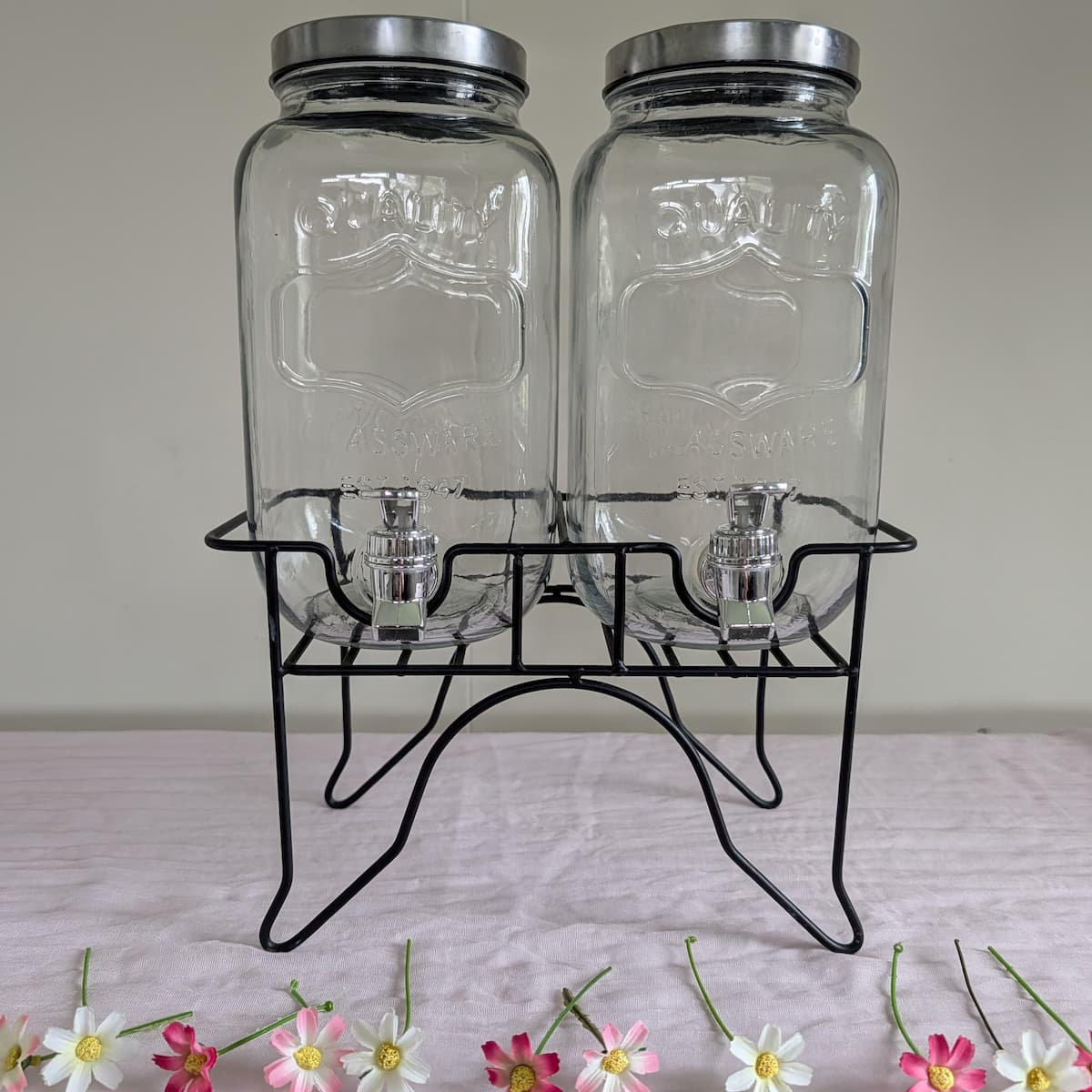 Dual Glass Drink Dispensers on Stand